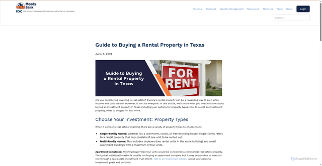 Security scan screenshot of https://www.moodybank.com/news/post/guide-to-buying-a-rental-property-in-texas