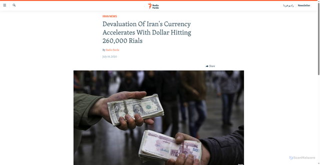 Security scan screenshot of https://en.radiofarda.com/a/devaluation-of-iran-s-currency-accelerates-with-dollar-hitting-260-000-rials/30735734.html