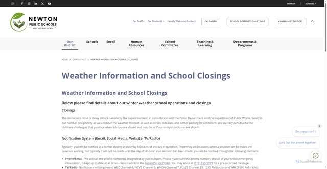 Security scan screenshot of https://www.newton.k12.ma.us/district-at-a-glance/weather-information-and-school-closings