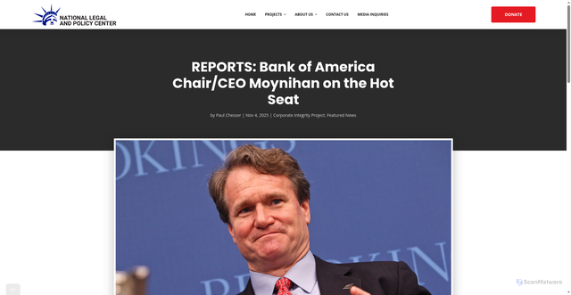 Security scan screenshot of https://nlpc.org/corporate-integrity-project/reports-bank-of-america-chair-ceo-moynihan-on-the-hot-seat/