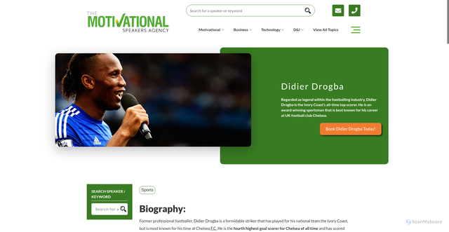 Security scan screenshot of https://motivationalspeakersagency.co.uk/sports/didier-drogba