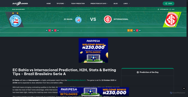 Security scan screenshot of https://www.betsloaded.com/matches/ec-bahia-vs-internacional-prediction-22-10-2025/
