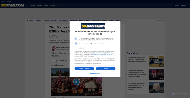 Security scan screenshot of https://www.secrant.com/alabama-sports/theo-von-had-uncomfortable-interaction-with-espns-jess-sims-on-college-gameday/120522283/