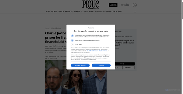 Security scan screenshot of https://www.piquenewsmagazine.com/national-business/charlie-javice-sentenced-to-7-years-in-prison-for-fraudulent-175m-sale-of-financial-aid-startup-11280055