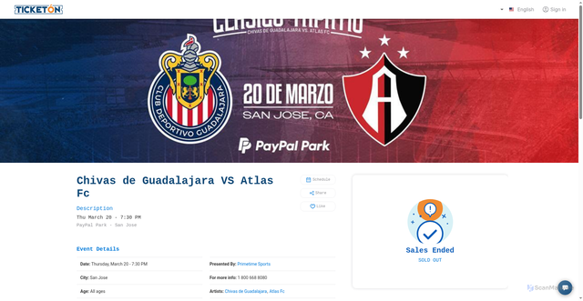 Security scan screenshot of https://ticketon.com/en/events/chivas-de-guadalajara-vs-atlas-fc-san-jose-ca-2025-03-20-n4tkgnpmzujc