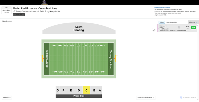 Security scan screenshot of https://boxoffice.vipconcierge.com/tickets/7984184/marist-red-foxes-vs-columbia-lions-tickets-fri-oct-9-2026-tenney-stadium-at-leonidoff-field