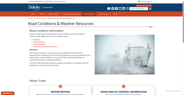 Security scan screenshot of https://www.dot.nd.gov/travel-and-safety/road-conditions-weather-resources