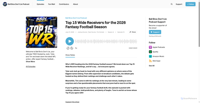 Security scan screenshot of https://bbdlpodcast.buzzsprout.com/866449/episodes/19553695-top-15-wide-receivers-for-the-2026-fantasy-football-season