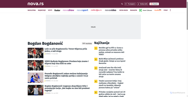 Security scan screenshot of https://nova.rs/tag/bogdan-bogdanovic/