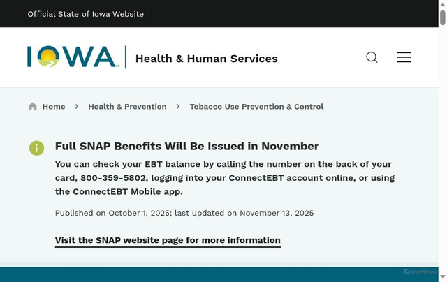 Security scan screenshot of https://hhs.iowa.gov/health-prevention/tobacco-use-prevention-control/iowa-smokefree-air-act