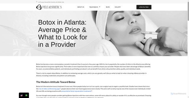 Security scan screenshot of https://peleaesthetics.com/botox-in-atlanta-average-price-what-to-look-for-in-a-provider/