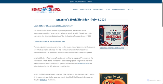 Security scan screenshot of https://historictownsofamerica.com/americas-250th-birthday