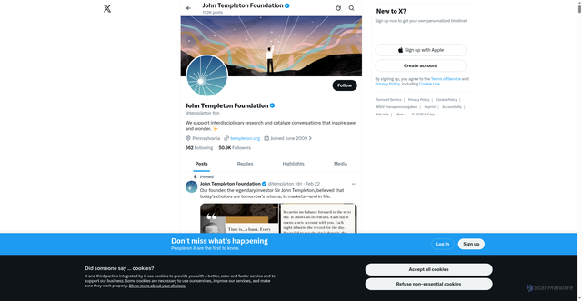 Security scan screenshot of https://x.com/templeton_fdn?utm_source=Receive+News+from+the+John+Templeton+Foundation&utm_campaign=045ce1c403-EMAIL_CAMPAIGN_2026_templetonideas_20260408&utm_medium=email&utm_term=0_-42837b4b08-97355777