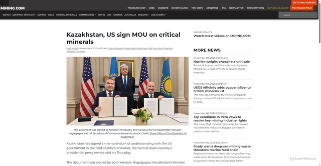 Security scan screenshot of https://www.mining.com/kazakhstan-us-sign-mou-on-critical-minerals/