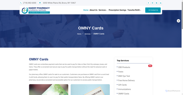 Security scan screenshot of https://haddyspecialtypharmacy.com/services/OMNY-Cards