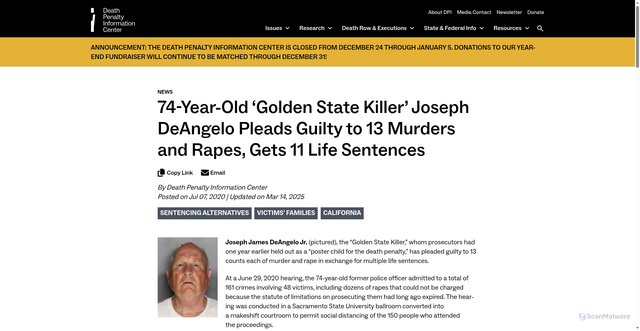 Security scan screenshot of https://deathpenaltyinfo.org/74-year-old-golden-state-killer-joseph-deangelo-pleads-guilty-to-13-murders-and-rapes-gets-11-life-sentences