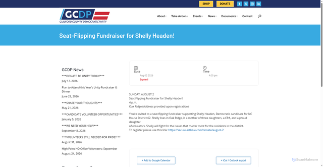 Security scan screenshot of https://www.guilforddems.org/events/seat-flipping-fundraiser-for-shelly-headen/