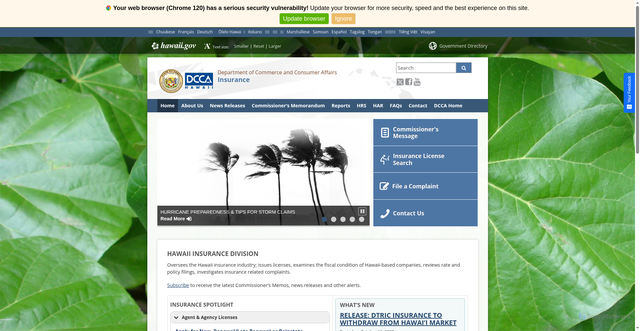 Security scan screenshot of https://cca.hawaii.gov/ins/