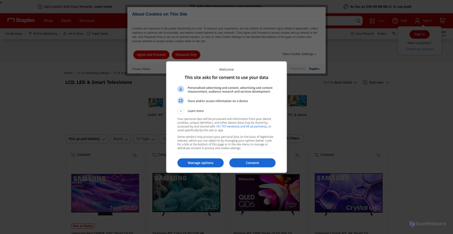 Security scan screenshot of https://www.staples.com/TVs/cat_CL164870