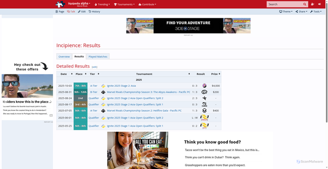 Security scan screenshot of https://liquipedia.net/marvelrivals/Incipience/Results