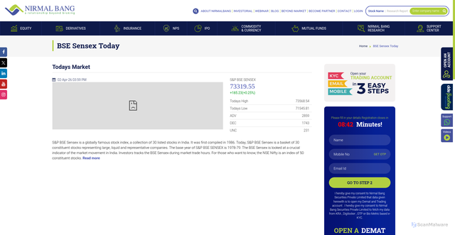 Security scan screenshot of https://www.nirmalbang.com/livemarket/bse-sensex-today.aspx