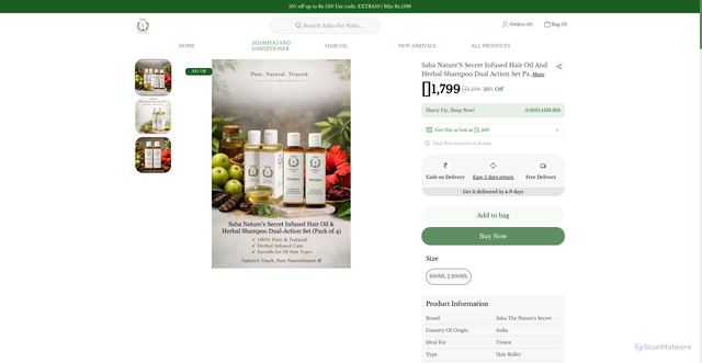 Security scan screenshot of https://sabathenaturessecret.com/Saba-NatureS-Secret-Infused-Hair-Oil-And-Herbal-Shampoo-Dual/catalogue/hFgplOBj/OLZLTwPi