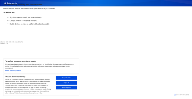 Security scan screenshot of https://checkout.ticketmaster.se/