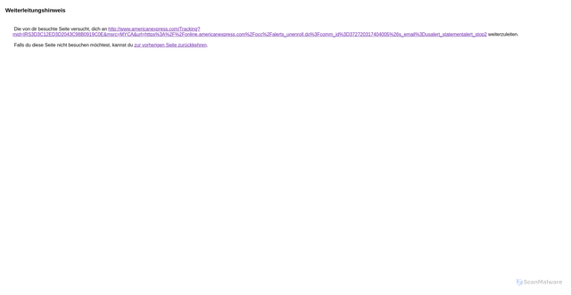 Security scan screenshot of https://www.google.com/url?q=http://www.americanexpress.com/Tracking?mid%3DIRS3D3C12ED3D2043C98B0919C0E%26msrc%3DMYCA%26url%3Dhttps%253A%252F%252Fonline.americanexpress.com%252Focc%252Falerts_unenroll.do%253Fcomm_id%253D372720317404005%2526s_email%253Dusalert_statementalert_stop2