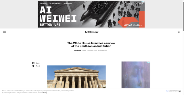 Security scan screenshot of https://artreview.com/the-white-house-launches-a-review-of-the-smithsonian-institution/