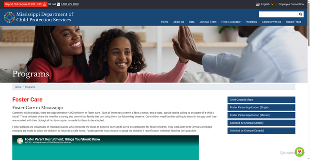 Security scan screenshot of https://www.mdcps.ms.gov/programs/foster-care