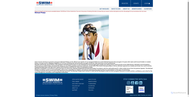 Security scan screenshot of https://www.swimacrossamerica.org/site/PageServer?pagename=Olympians_Michael_Phelps