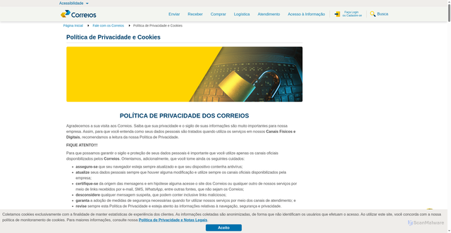 Security scan screenshot of https://www.correios.com.br/falecomoscorreios/politica-de-privacidade-e-cookies