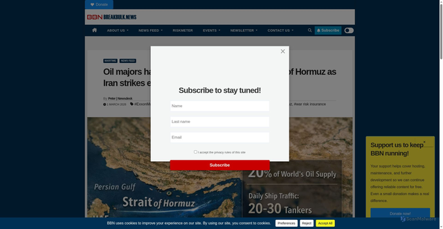 Security scan screenshot of https://breakbulk.news/oil-majors-halt-tanker-movements-through-strait-of-hormuz-as-iran-strikes-escalate/