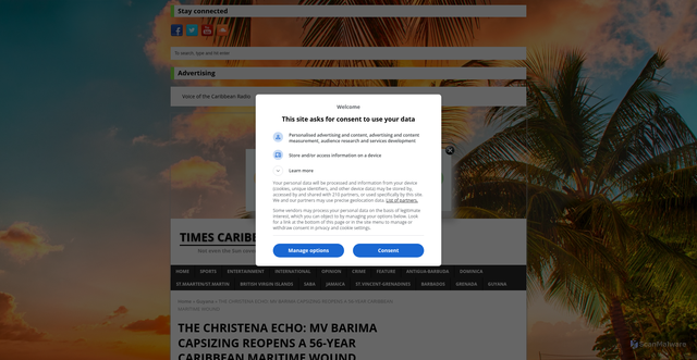 Security scan screenshot of https://timescaribbeanonline.com/208913-2/