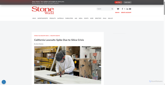 Security scan screenshot of https://www.stoneworld.com/articles/95130-silicosis-crisis-in-california-fuels-lawsuits