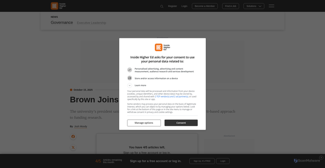 Security scan screenshot of https://www.insidehighered.com/news/governance/executive-leadership/2025/10/15/brown-university-rejects-trumps-higher-ed-compact