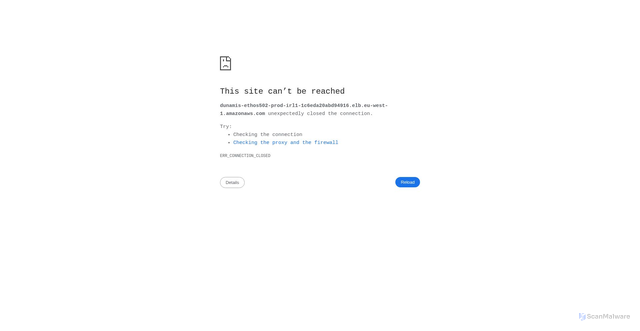 Security scan screenshot of https://dunamis-ethos502-prod-irl1-1c6eda20abd94916.elb.eu-west-1.amazonaws.com