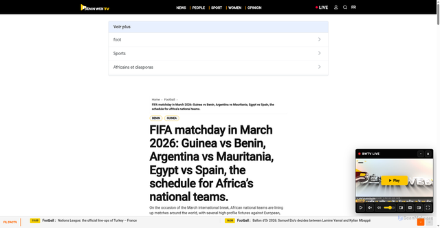 Security scan screenshot of https://beninwebtv.bj/en/fifa-matchday-in-march-2026-guinea-vs-benin-argentina-vs-mauritania-egypt-vs-spain-the-schedule-for-africas-national-teams/