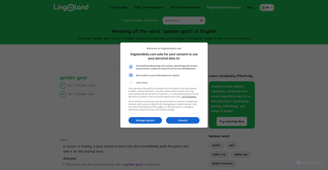 Security scan screenshot of https://lingolandedu.com/en/english-english-dictionary/golden-goal