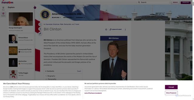 Security scan screenshot of https://american-presidents.fandom.com/wiki/Bill_Clinton