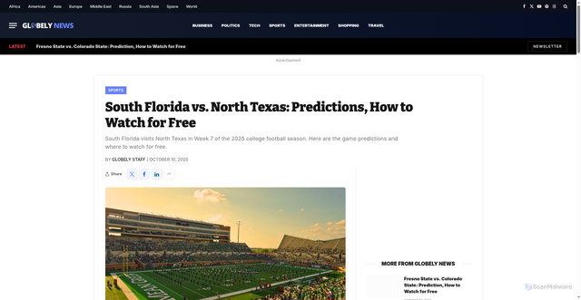 Security scan screenshot of https://globelynews.com/sports/south-florida-vs-north-texas-predictions-how-to-watch-for-free/