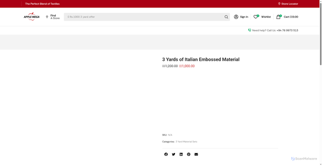 Security scan screenshot of https://appletex.lk/product/italian-embossed-material/