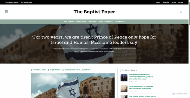 Security scan screenshot of https://thebaptistpaper.org/for-two-years-we-are-tired-prince-of-peace-only-hope-for-israel-and-hamas-messianic-leaders-say/