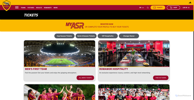 Security scan screenshot of https://www.asroma.com/en/tickets