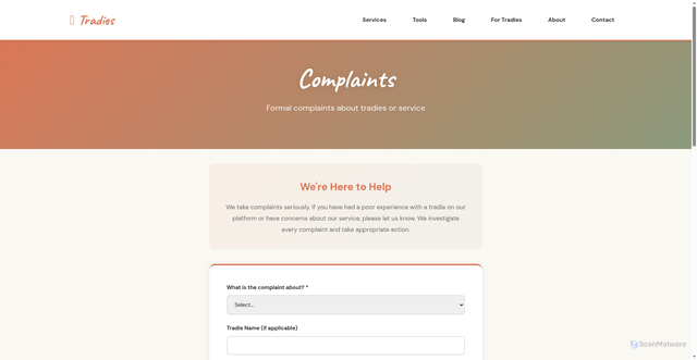 Security scan screenshot of https://tradies-nation.pages.dev/contact/complaints