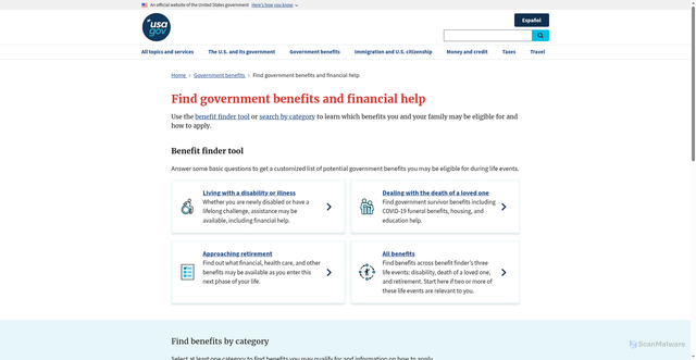 Security scan screenshot of https://www.usa.gov/benefit-finder?utm_source=usa_benefits-gov&utm_medium=redirect&utm_campaign=redirect_benefits-gov&modal=b-welcome-1899