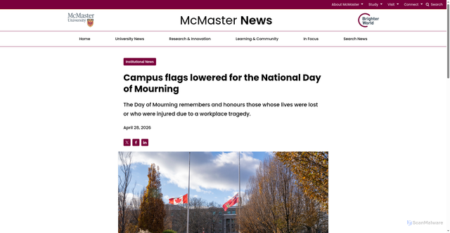 Security scan screenshot of https://news.mcmaster.ca/campus-flags-lowered-for-national-day-of-mourning-2026/