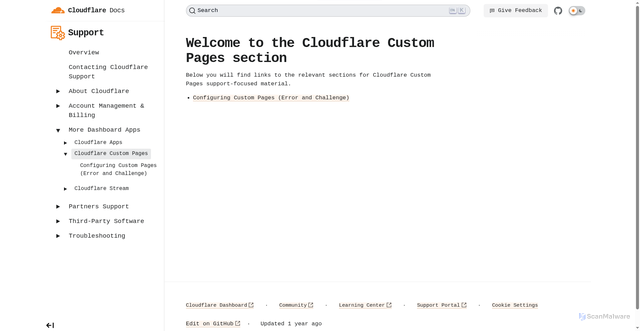 Security scan screenshot of https://cloudflare-docs-config.pages.dev/support/more-dashboard-apps/cloudflare-custom-pages/