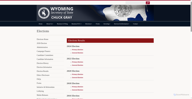 Security scan screenshot of https://sos.wyo.gov/elections/electionresults.aspx