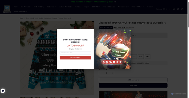 Security scan screenshot of https://www.geeksoutfit.com/products/chernobyl-1986-ugly-christmas-fuzzy-fleece-sweatshirt?srsltid=AfmBOoqIXc73vZqxkL32g7JziaRKA3JTVRpEn8jQAUxisoy8rkGidm2c